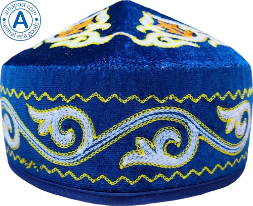 Altyn Adam cap made of velvet, short, blue with white-orange-yellow pattern
