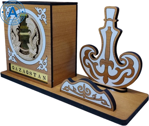 Altyn Adam figure made of wood, coat of arms and flask, brown photo 4