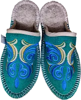 Altyn Adam slippers made of wool, round end, green with blue pattern