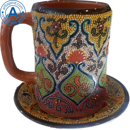 Altyn Adam mug and saucer made of ceramic, yellow-green-red photo 2