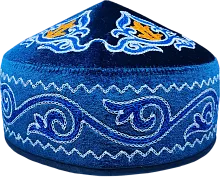 Altyn Adam cap made of velvet, short, blue with white-orange-blue pattern