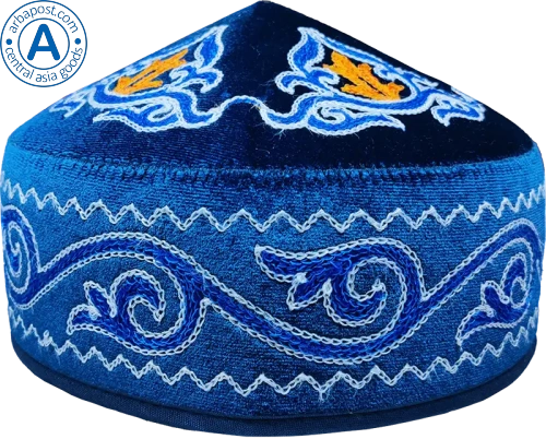Altyn Adam cap made of velvet, short, blue with white-orange-blue pattern
