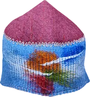 Altyn Adam cap made of felt, long, red top-blue bottom with orange-green pattern