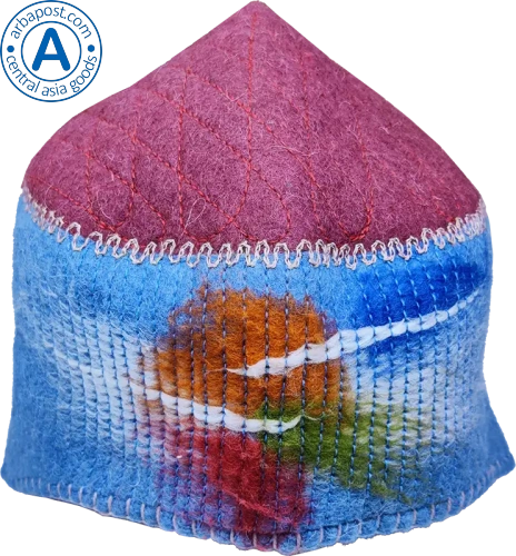 Altyn Adam cap made of felt, long, red top-blue bottom with orange-green pattern